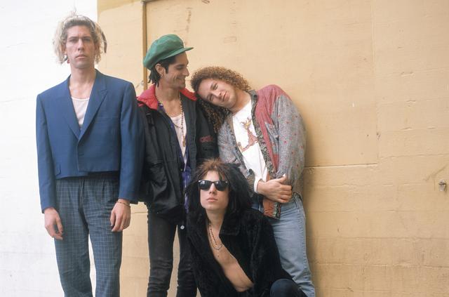 Portrait of Jane's Addiction, left to right, Eric Avery, Perry Farrell, Dave Navarro, and Stephen Perkins at the Palladium in Los Angeles, California, December 20, 1990. (Photo by Paul Natkin/Getty Images)