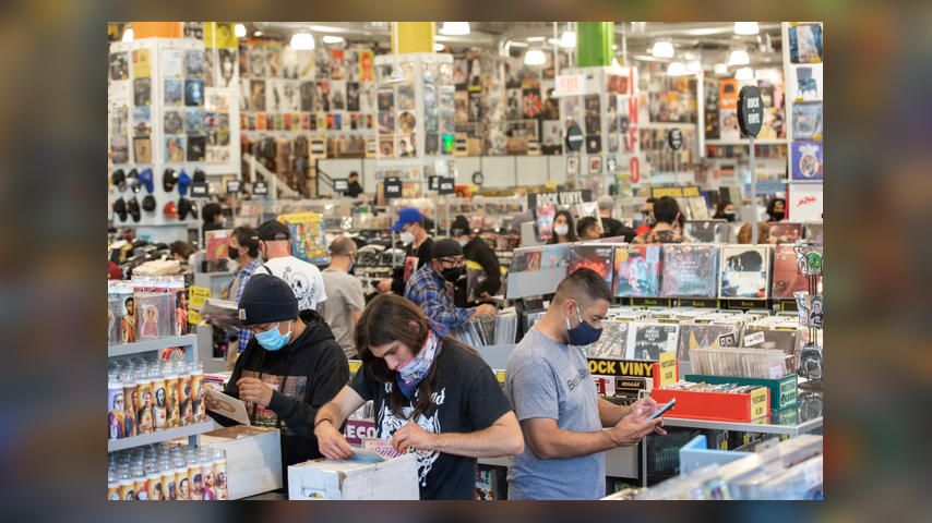 HOLLYWOOD, CA - APRIL 01, 2021: Customers shop inside Amoeba Music on Hollywood Blvd. in Hollywood that reopened in a new location after being shuttered for a year due to the coronavirus outbreak. (Mel Melcon / Los Angeles Times via Getty Images)
