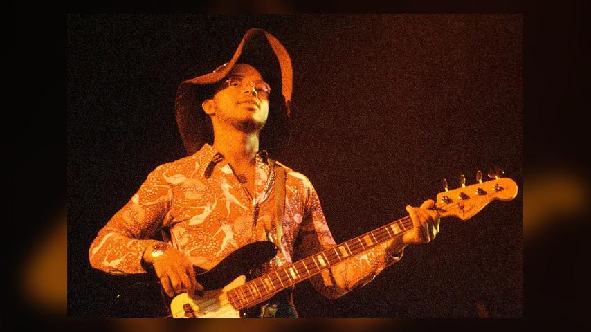 US blues band War performing on stage, London, 1976, BB Dickerson. (Photo by Michael Putland/Getty Images)