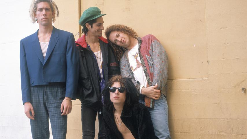 Portrait of Jane's Addiction, left to right, Eric Avery, Perry Farrell, Dave Navarro, and Stephen Perkins at the Palladium in Los Angeles, California, December 20, 1990. (Photo by Paul Natkin/Getty Images)